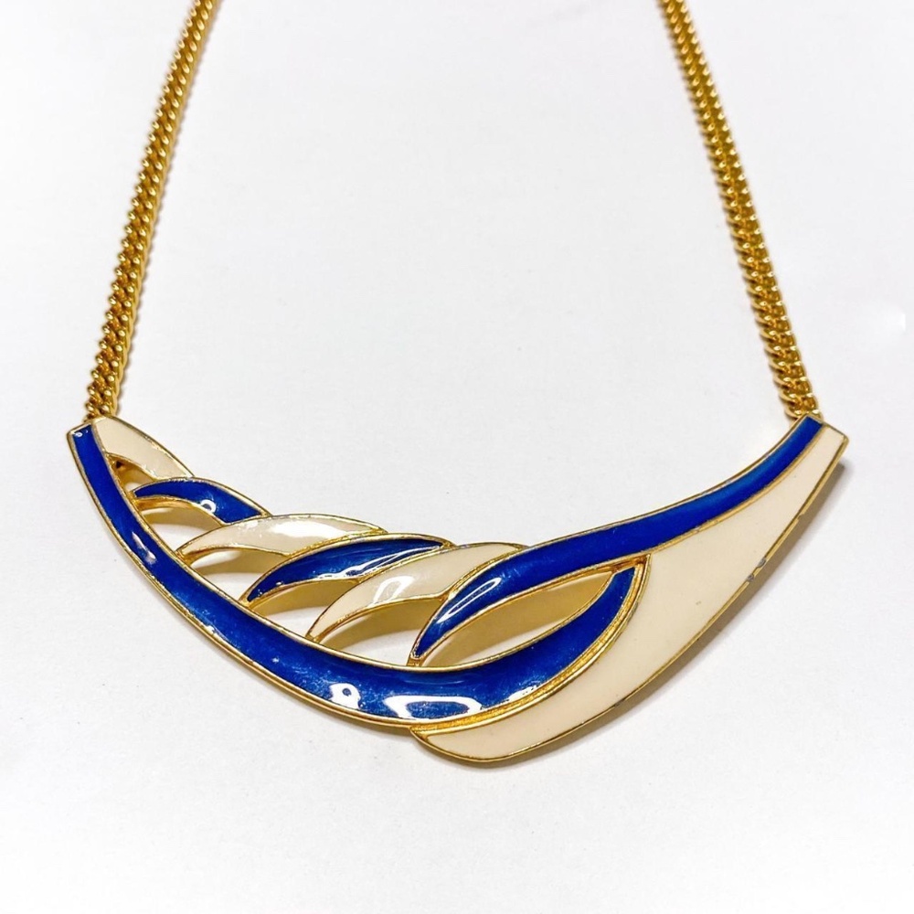Trifari Blue and Cream Enamel Gold-Tone Wave Necklace